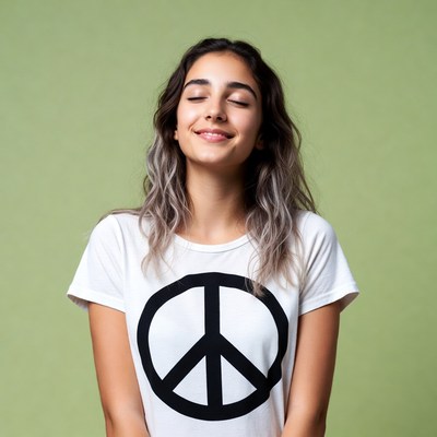 Smiling woman in peace sign t-shirt