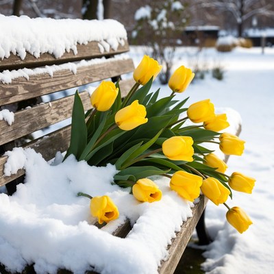 Yellow tulips on snowy park bench