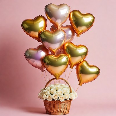 Pink Basket of Gold and Pink Heart Balloons