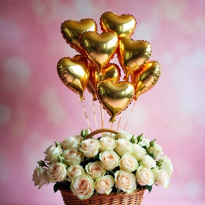 Gold heart balloons over white roses basket