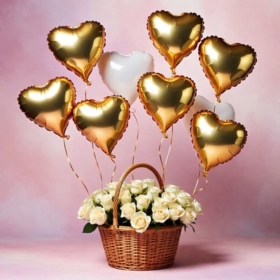 Gold and White Heart Balloons with Roses