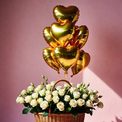 Gold heart balloons in white rose basket