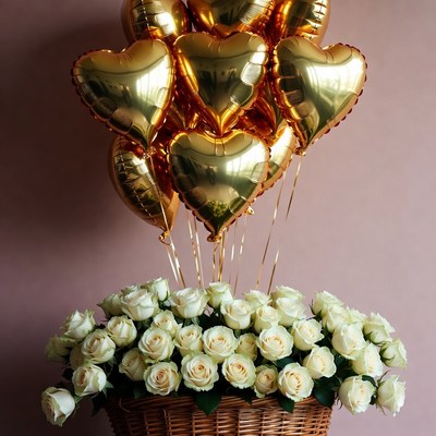 Gold Heart Balloons Over White Roses