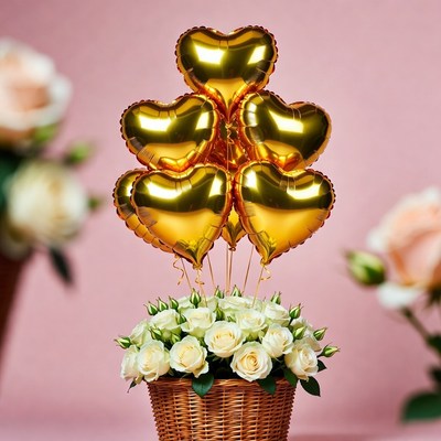 Gold heart balloons in white rose basket