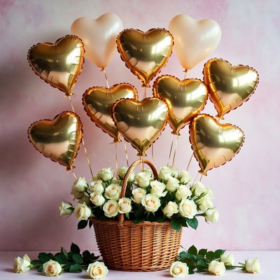 Gold Heart Balloons with White Roses