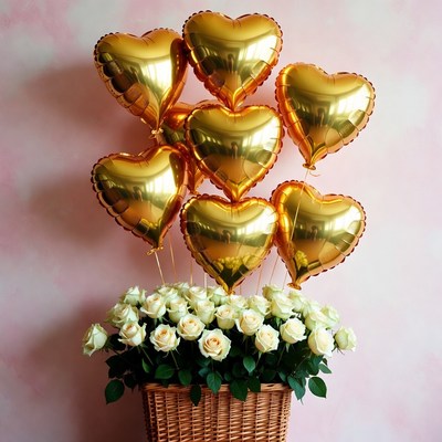 Gold Heart Balloons with White Roses