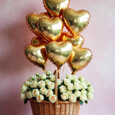 Gold heart balloons with white roses