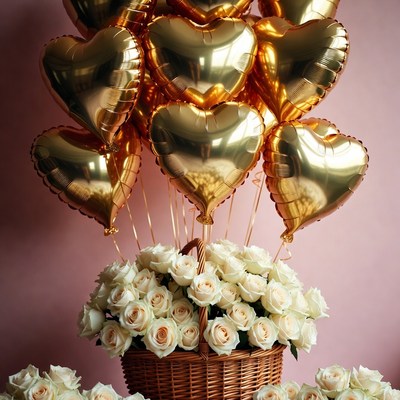 Gold Heart Balloons Over White Rose Basket