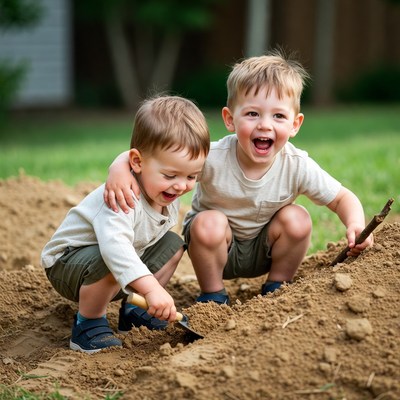 Two boys digging in backyard dirt