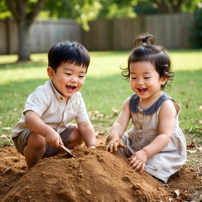 Asian toddlers playing in sand pile