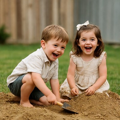 Boy and girl playing with shovel in dirt