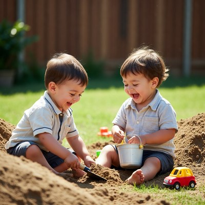Twin boys playing in sandbox