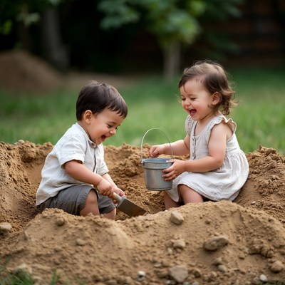 Toddlers playing with sand bucket and shovel
