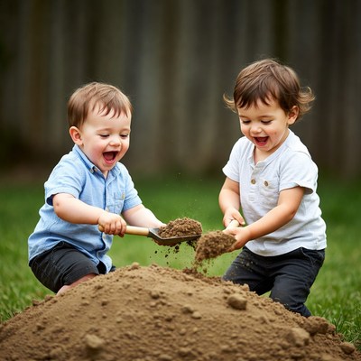 Two boys playing with shovels in dirt pile