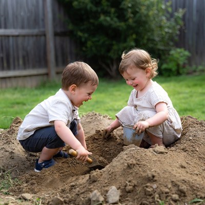 Boy and girl playing in sand pile