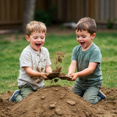 Twin boys digging dirt pile