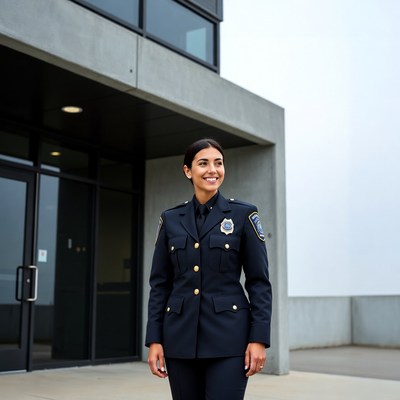 Female police officer standing outside building