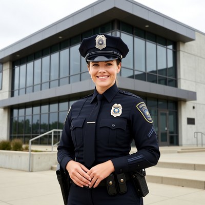Female police officer standing in front of station