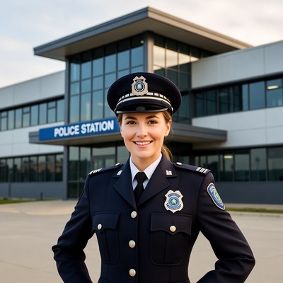 Female police officer in front of station