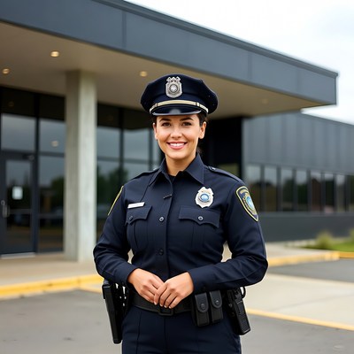 Female police officer standing outside station