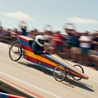 Man driving colorful soapbox derby car