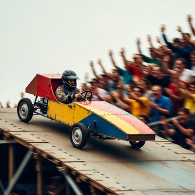 Man driving soapbox derby car