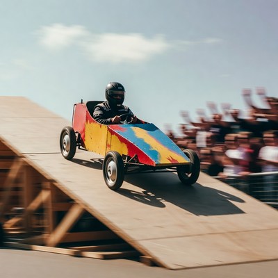 Man racing soapbox car down ramp