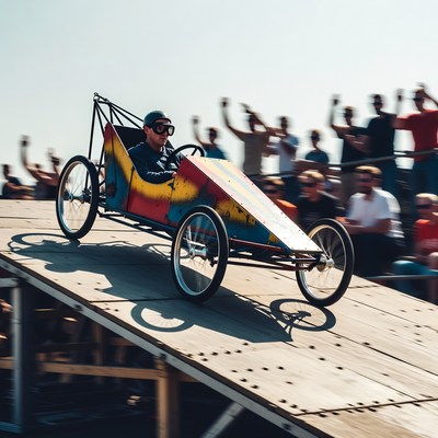 Man driving soapbox derby car down ramp