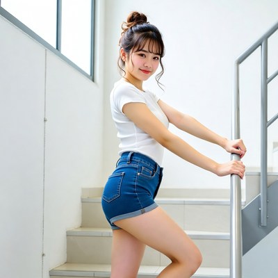 Asian woman leaning on staircase railing