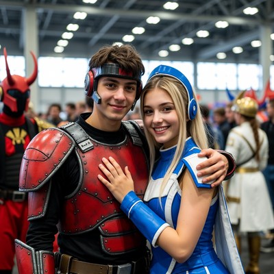 Cosplay Couple in Red and Blue Armor