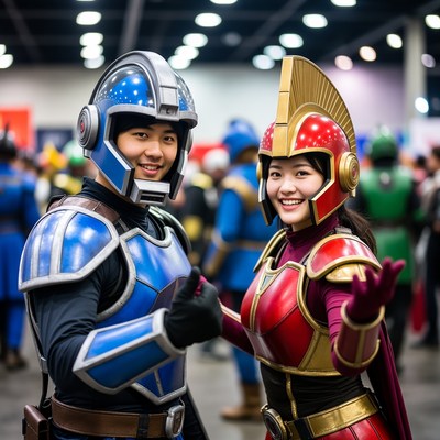 Asian couple in blue and red cosplay armor