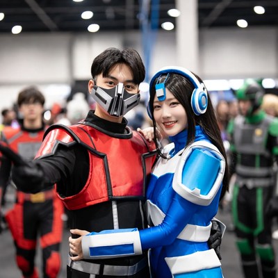 Cosplay couple in red and blue armor