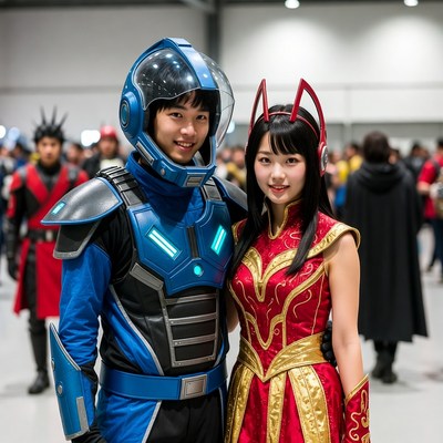 Cosplay Couple in Blue Armor and Red Dress