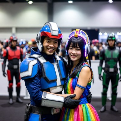 Cosplay couple in blue and rainbow outfits