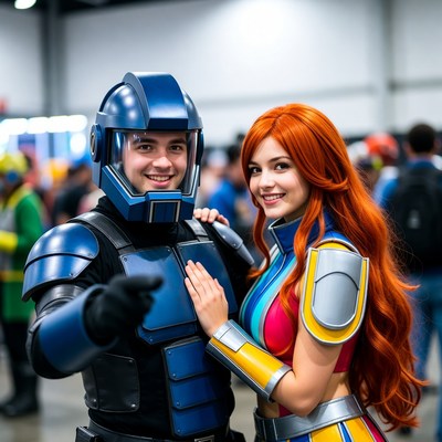 Blue Armored Man and Redhead Woman Cosplayers