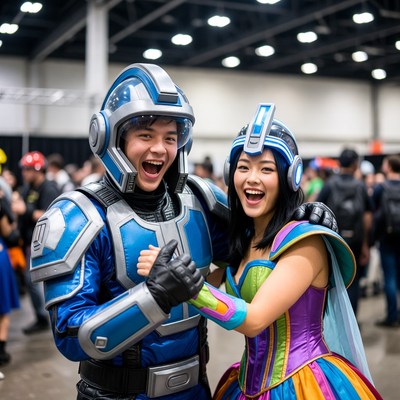 Cosplay couple in blue armor and colorful dress