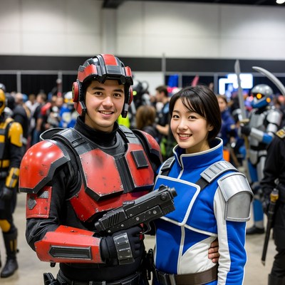 Asian couple in red blue cosplay at convention