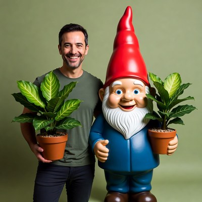 Man smiling with large garden gnome