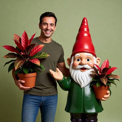 Man smiling with giant garden gnome