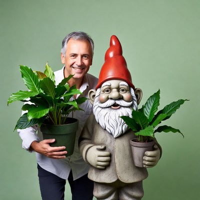 Smiling man with garden gnome and plants