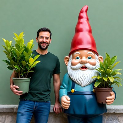 Man with giant gnome holding plants