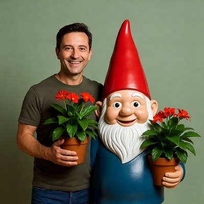 Man with giant garden gnome holding plants