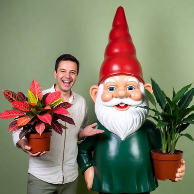 Man with giant garden gnome holding plants