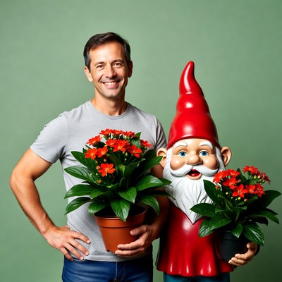 Man holding plants with garden gnome