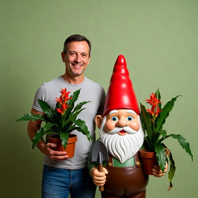 Man smiling with large garden gnome