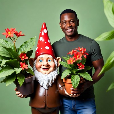 African-American man holding garden gnomes
