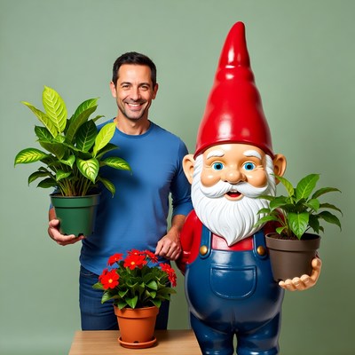 Man with giant garden gnome holding plants