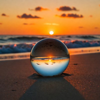 Sunset Reflected in Beach Glass Sphere