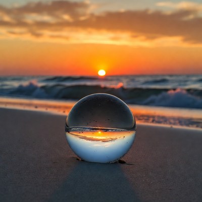 Glass Ball Capturing Sunset Beach