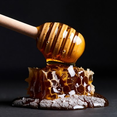 Honey dripping from wooden dipper